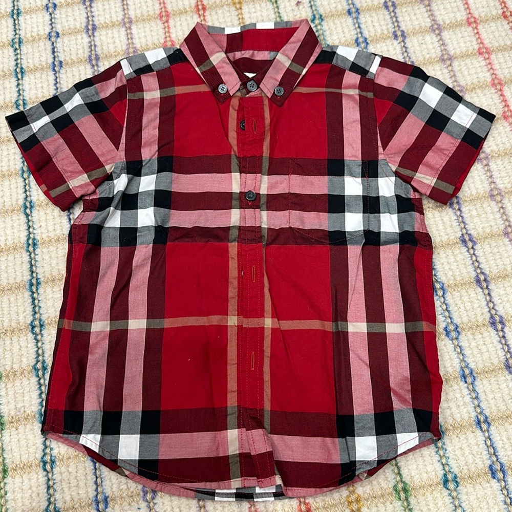 Burberry Kids Red and Black Checkered Button Down Shirt